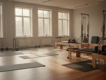 Ein minimalistisch eingerichteter Sportraum mit Yoga-Matten und Reformer-Geräten in hellem, natürlichem Tageslicht. - Foto: über boerse-global.de