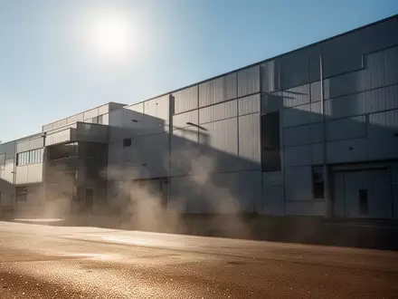 Ein modernes Industriegebäude bei starker Hitze mit flirrender Luft und scharfen Schatten unter einem klaren blauen Himmel. - Foto: über boerse-global.de