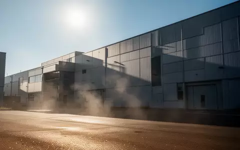 Ein modernes Industriegebäude bei starker Hitze mit flirrender Luft und scharfen Schatten unter einem klaren blauen Himmel. - Foto: über boerse-global.de