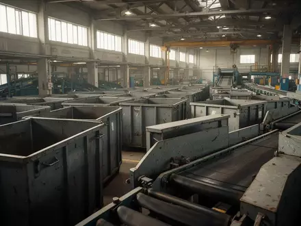 Industrielle Sortieranlage mit leeren Metallcontainern und Förderbändern in einer Lagerhalle. - Foto: über boerse-global.de