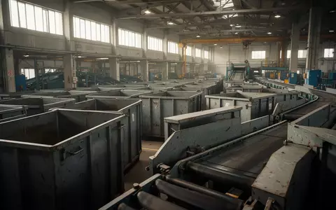 Industrielle Sortieranlage mit leeren Metallcontainern und Förderbändern in einer Lagerhalle. - Foto: über boerse-global.de