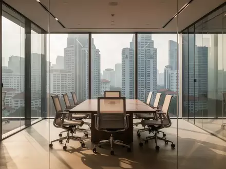 Ein moderner, leerer Konferenzraum in einem Bürogebäude in Singapur mit Blick aus bodentiefen Fenstern. - Foto: über boerse-global.de