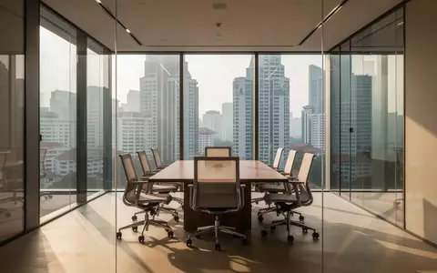 Ein moderner, leerer Konferenzraum in einem Bürogebäude in Singapur mit Blick aus bodentiefen Fenstern. - Foto: über boerse-global.de