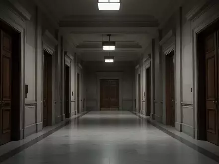 Ein langer, leerer Flur in einem Sozialgericht mit geschlossenen Holztüren und kühler Lichtstimmung. - Foto: über boerse-global.de