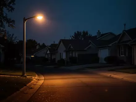 Eine leere, nächtliche Wohnstraße mit einer einzelnen Straßenlaterne, die einen Gehweg beleuchtet. - Foto: über boerse-global.de