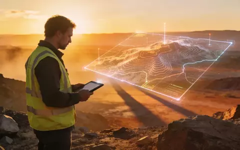 Ein Geologe analysiert in einer unberührten Landschaft digitale Geodaten für eine geplante Bohrung. - Foto: über boerse-global.de