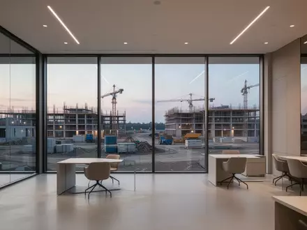Ein minimalistisches, modernes Architekturbüro mit Blick auf eine Baustelle bei Dämmerung. - Foto: über boerse-global.de