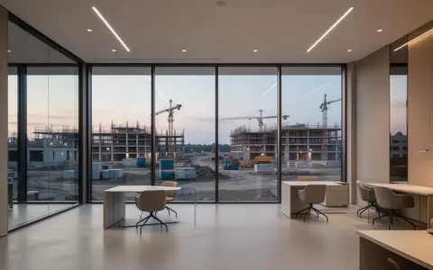Ein minimalistisches, modernes Architekturbüro mit Blick auf eine Baustelle bei Dämmerung. - Foto: über boerse-global.de