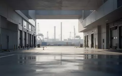 Ein moderner, minimalistischer Logistik-Verladebereich mit glatten Betonoberflächen und natürlichem Tageslicht. - Foto: über boerse-global.de