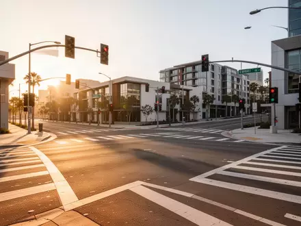 Eine leere, moderne städtische Straßenkreuzung in San Diego bei goldenem Licht ohne Fahrzeuge oder Personen. - Foto: über boerse-global.de