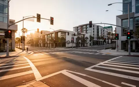 Eine leere, moderne städtische Straßenkreuzung in San Diego bei goldenem Licht ohne Fahrzeuge oder Personen. - Foto: über boerse-global.de