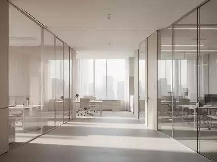 Modernes, minimalistisches Büro-Interieur mit hellen Glaswänden und natürlichem Lichteinfall ohne Personen oder Technik. - Foto: über boerse-global.de