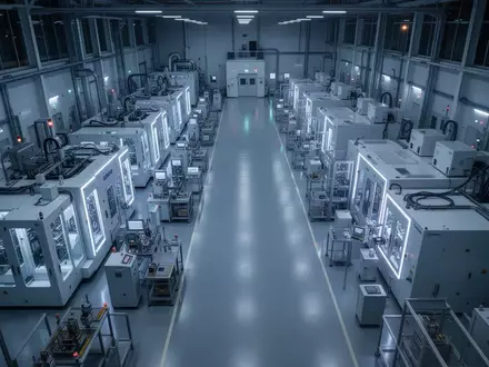 Ein Blick in eine moderne, menschenleere Halbleiter-Fertigungshalle mit industriellen Maschinen und steriler Umgebung. - Foto: über boerse-global.de