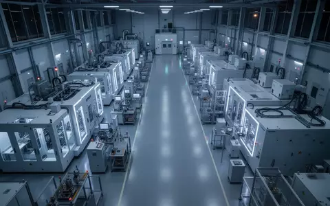 Ein Blick in eine moderne, menschenleere Halbleiter-Fertigungshalle mit industriellen Maschinen und steriler Umgebung. - Foto: über boerse-global.de