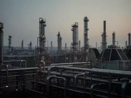 Industrielle Raffinerieanlage mit komplexen Rohrleitungen und Destillationstürmen bei Dämmerung - Foto: über boerse-global.de