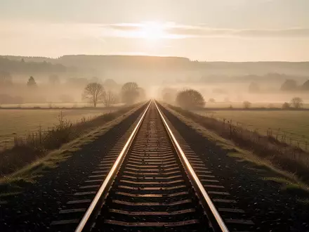 Weitläufige, leere Bahngleise, die in einer nebligen Landschaft in die Ferne führen. - Foto: über boerse-global.de