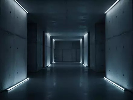 Ein minimalistischer, dunkel beleuchteter Flur mit kühlem blauen Licht auf Betonoberflächen als Metapher für digitale Bedrohungen. - Foto: über boerse-global.de