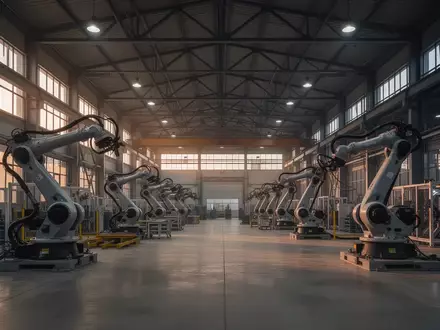 Weite, menschenleere Industriehalle mit großen Fertigungsmaschinen in einer modernen Produktionsanlage. - Foto: über boerse-global.de