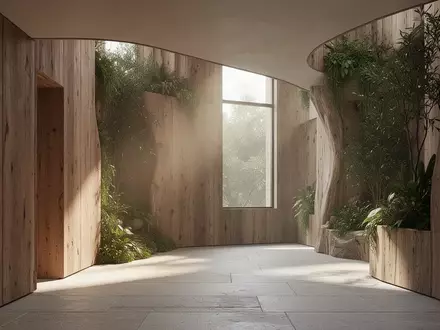 Ein minimalistisch gestalteter Innenraum mit natürlichen Holzoberflächen, Steinböden und integrierten Pflanzen bei natürlichem Lichteinfall. - Foto: über boerse-global.de