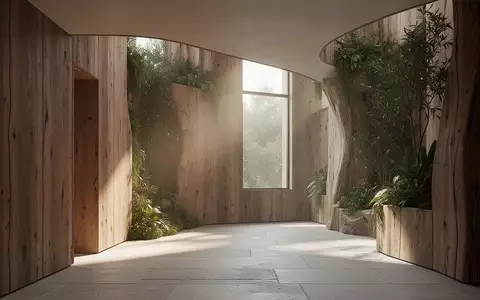 Ein minimalistisch gestalteter Innenraum mit natürlichen Holzoberflächen, Steinböden und integrierten Pflanzen bei natürlichem Lichteinfall. - Foto: über boerse-global.de