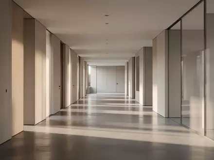 Ein minimalistischer, moderner Flur in einem Verwaltungsgebäude mit hellem, natürlichem Licht und klaren architektonischen Linien. - Foto: über boerse-global.de