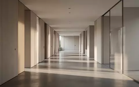 Ein minimalistischer, moderner Flur in einem Verwaltungsgebäude mit hellem, natürlichem Licht und klaren architektonischen Linien. - Foto: über boerse-global.de