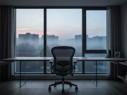 Ein minimalistisches, unbesetztes Heimbüro in der Dämmerung mit Blick auf eine neblige Stadtlandschaft. - Foto: über boerse-global.de