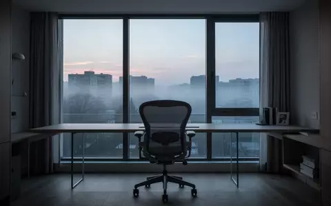 Ein minimalistisches, unbesetztes Heimbüro in der Dämmerung mit Blick auf eine neblige Stadtlandschaft. - Foto: über boerse-global.de