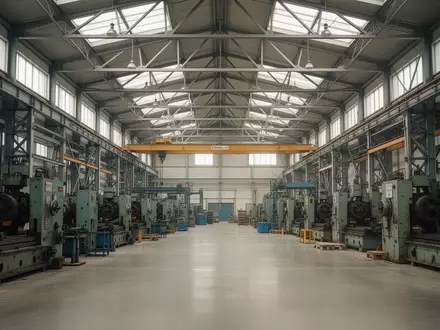 Innenansicht einer großen, modernen Industriehalle mit schweren Produktionsmaschinen und hohen Decken. - Foto: über boerse-global.de