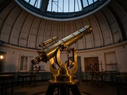 Historische Sternwarte mit einem großen Teleskop in einem kreisförmigen Kuppelsaal bei Dämmerungslicht. - Foto: über boerse-global.de