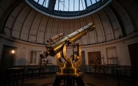 Historische Sternwarte mit einem großen Teleskop in einem kreisförmigen Kuppelsaal bei Dämmerungslicht. - Foto: über boerse-global.de