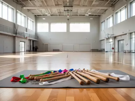 Leere Sporthalle mit Sportgeräten wie Bändern und Keulen auf dem Boden, natürliches Licht in einer modernen Trainingsumgebung. - Foto: über boerse-global.de