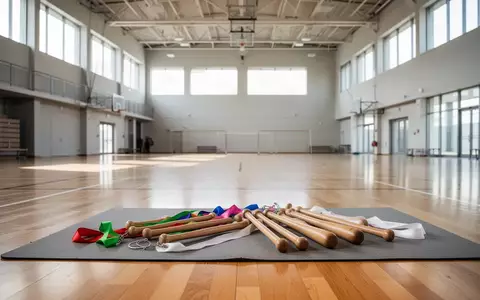 Leere Sporthalle mit Sportgeräten wie Bändern und Keulen auf dem Boden, natürliches Licht in einer modernen Trainingsumgebung. - Foto: über boerse-global.de