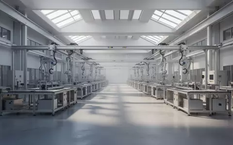 Eine weitläufige, moderne industrielle Montagehalle mit metallischen Arbeitsstationen und einer aufgeräumten Produktionsumgebung. - Foto: über boerse-global.de