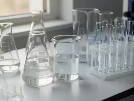 Laborausstattung mit Glasgefäßen und Proben auf einem weißen Labortisch bei natürlichem Licht. - Foto: über boerse-global.de