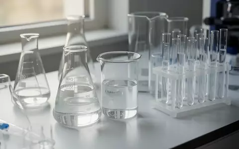 Laborausstattung mit Glasgefäßen und Proben auf einem weißen Labortisch bei natürlichem Licht. - Foto: über boerse-global.de