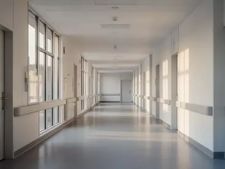 Ein moderner, heller Krankenhausflur mit großen Fenstern und klaren architektonischen Linien ohne Personen. - Foto: über boerse-global.de
