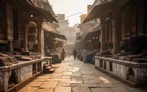 Ein belebter Marktplatz in Indien bei Sonnenuntergang, Fokus auf Architektur und Texturen ohne sichtbare Personen oder Technik. - Foto: über boerse-global.de