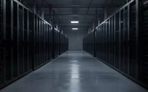 Dunkler, weitläufiger Serverraum mit metallenen Regalsystemen und reflektierendem Boden in einer kühlen, industriellen Atmosphäre. - Foto: über boerse-global.de