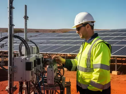 Ein Ingenieur überprüft moderne Solaranlagen in einer afrikanischen Industrielandschaft bei hellem Tageslicht. - Foto: über boerse-global.de