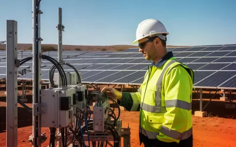 Ein Ingenieur überprüft moderne Solaranlagen in einer afrikanischen Industrielandschaft bei hellem Tageslicht. - Foto: über boerse-global.de