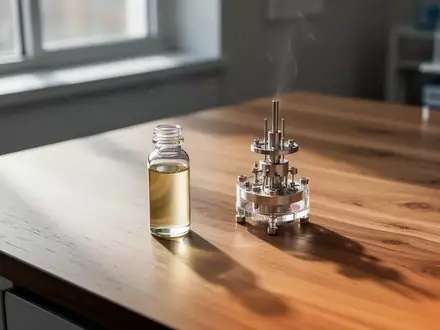 Ein minimalistischer Labortisch in einem hellen Forschungsraum mit einem Glasfläschchen für ätherische Öle. - Foto: über boerse-global.de