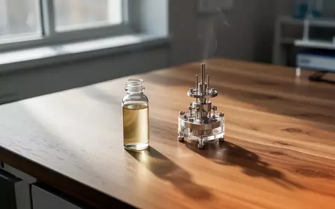 Ein minimalistischer Labortisch in einem hellen Forschungsraum mit einem Glasfläschchen für ätherische Öle. - Foto: über boerse-global.de