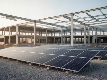 Ein Rohbau eines Ausbildungszentrums mit installierten Photovoltaikanlagen auf einer Baustelle bei Tageslicht. - Foto: über boerse-global.de