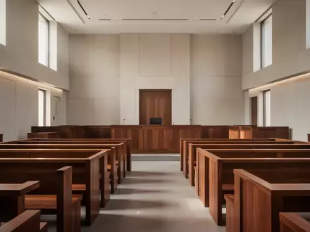Ein minimalistischer Gerichtssaal mit polierten Holzbänken und hellem Tageslicht, das durch hohe Fenster fällt. - Foto: über boerse-global.de