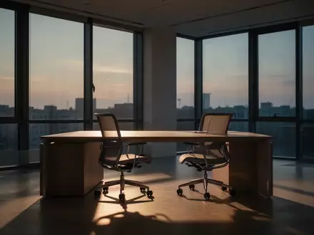 Ein leeres, modernes Büro bei Dämmerung mit natürlichem Licht, das eine ruhige und aufgeräumte Arbeitsumgebung darstellt. - Foto: über boerse-global.de