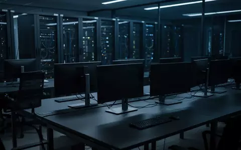 Ein dunkler, moderner Büroraum mit leeren, ausgeschalteten Monitoren und verschwommenen Server-Racks im Hintergrund. - Foto: über boerse-global.de