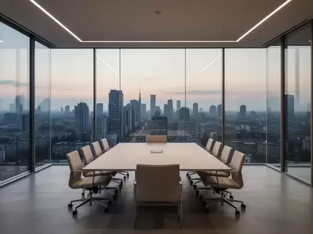 Ein minimalistischer Konferenzraum mit Glaswänden und Blick auf eine städtische Skyline bei Dämmerung. - Foto: über boerse-global.de