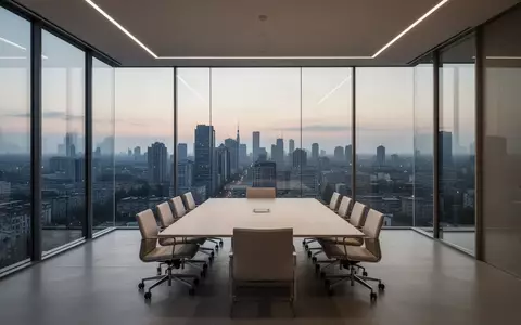Ein minimalistischer Konferenzraum mit Glaswänden und Blick auf eine städtische Skyline bei Dämmerung. - Foto: über boerse-global.de