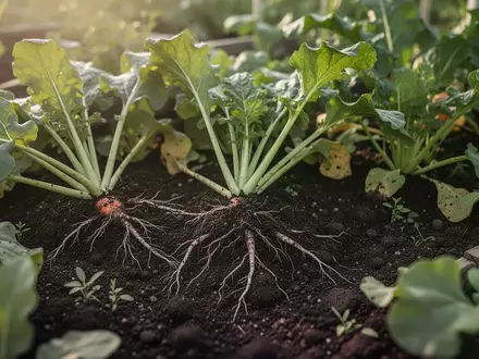 Nahaufnahme von nährstoffreichem Boden, Wurzeln und frischem Blattgemüse in einem naturbelassenen Garten. - Foto: über boerse-global.de